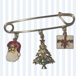 Vintage Avon Holiday Brooch Enameled Tree Present Santa Charms 2.25”x1 1/2”
